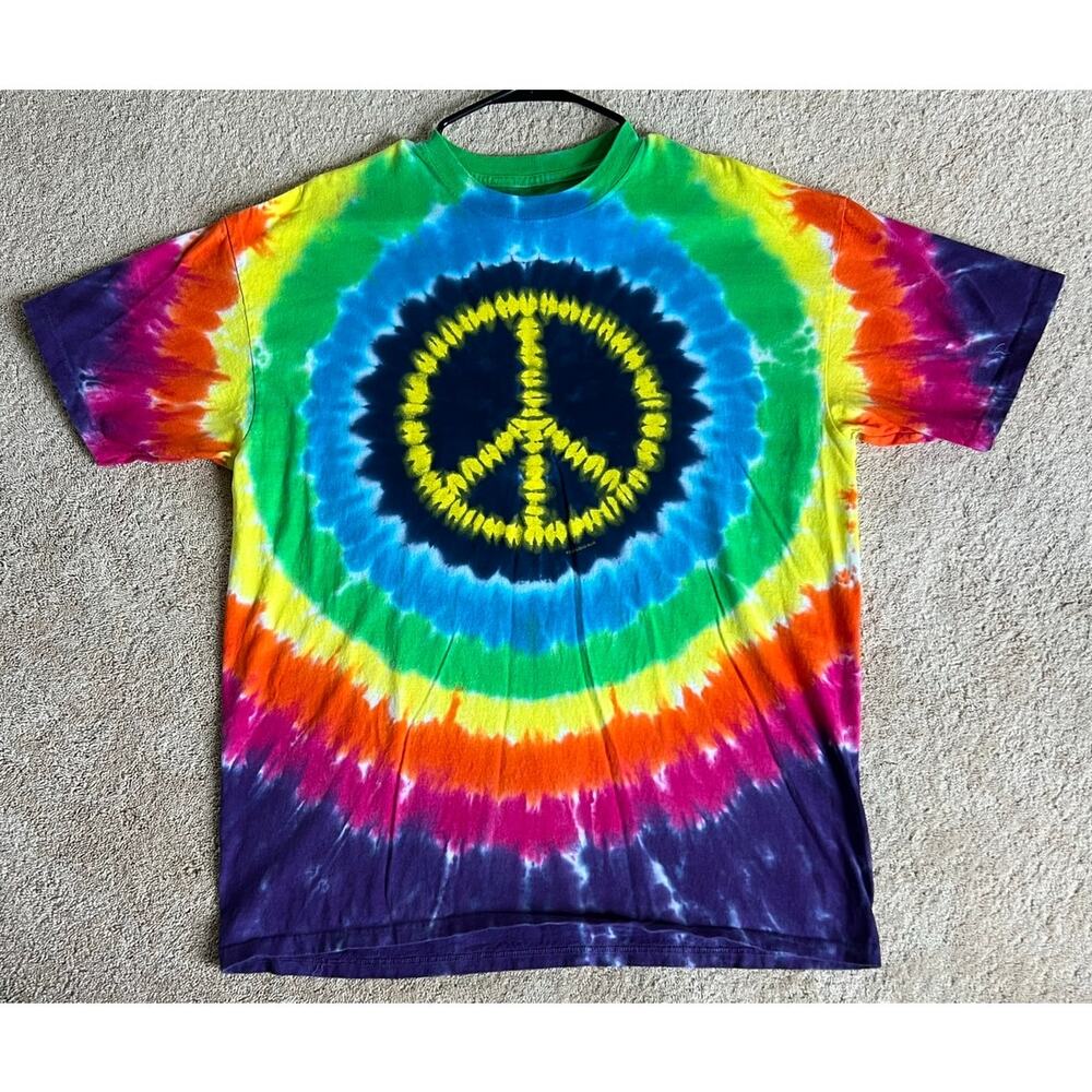 Liquid Blue tie dye shirt, peace sign, 2009, vibrant colors,  XL
